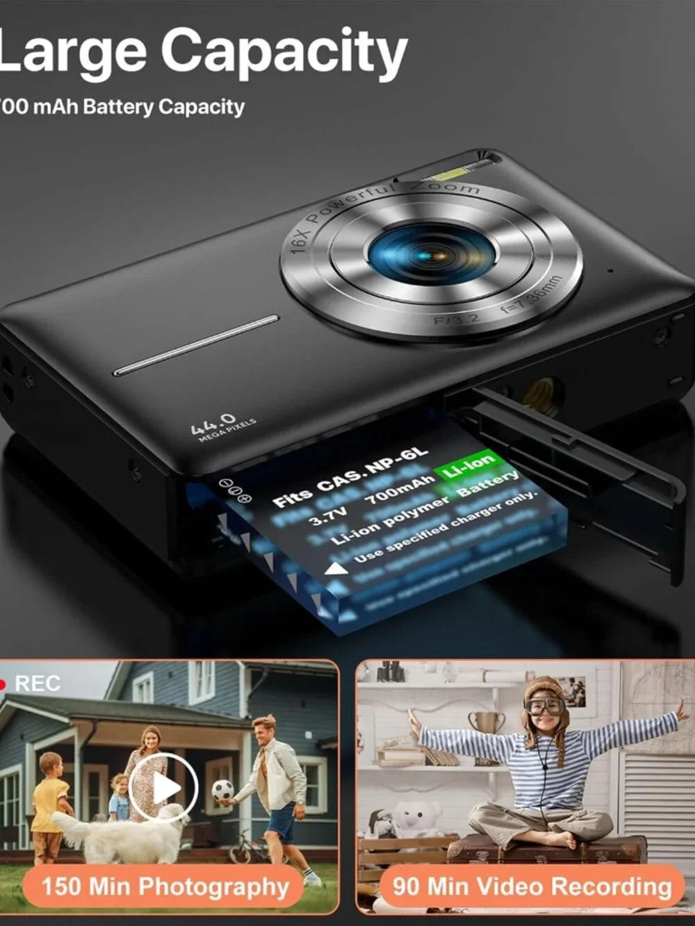 FHD 1080P Digital Camera for Teens & Kids, Compact 16X Zoom, Anti-Shake